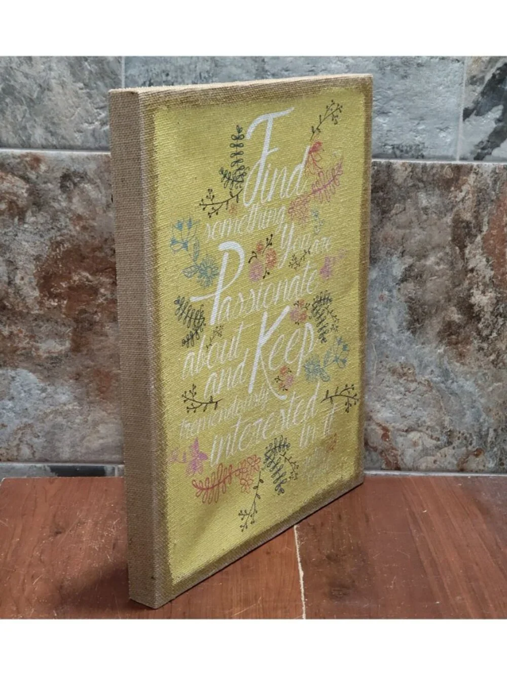 Vintage Julia Child Passion Quote Art Yellow Burlap Canvas Sign Floral Decor 20